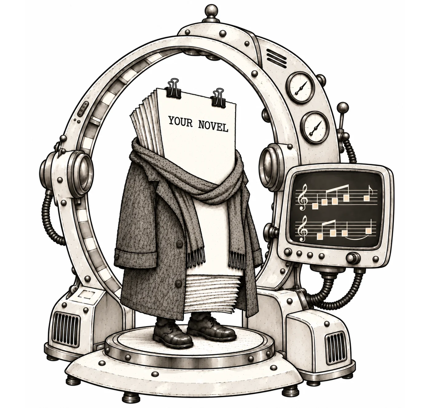 Cartoon of a stack of manuscript titled “Your Novel”, wearing a writer’s overcoat, scarf and shoes, standing on the platform of a large scanning machine whose screen displays lines of musical notation.