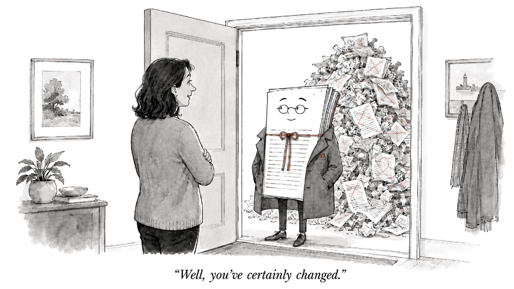 a cartoon of a writer opening her front door to a manuscript in a coat, standing in front of an enormous mountain of crossed-out revised pages, captioned "Well. You've changed."