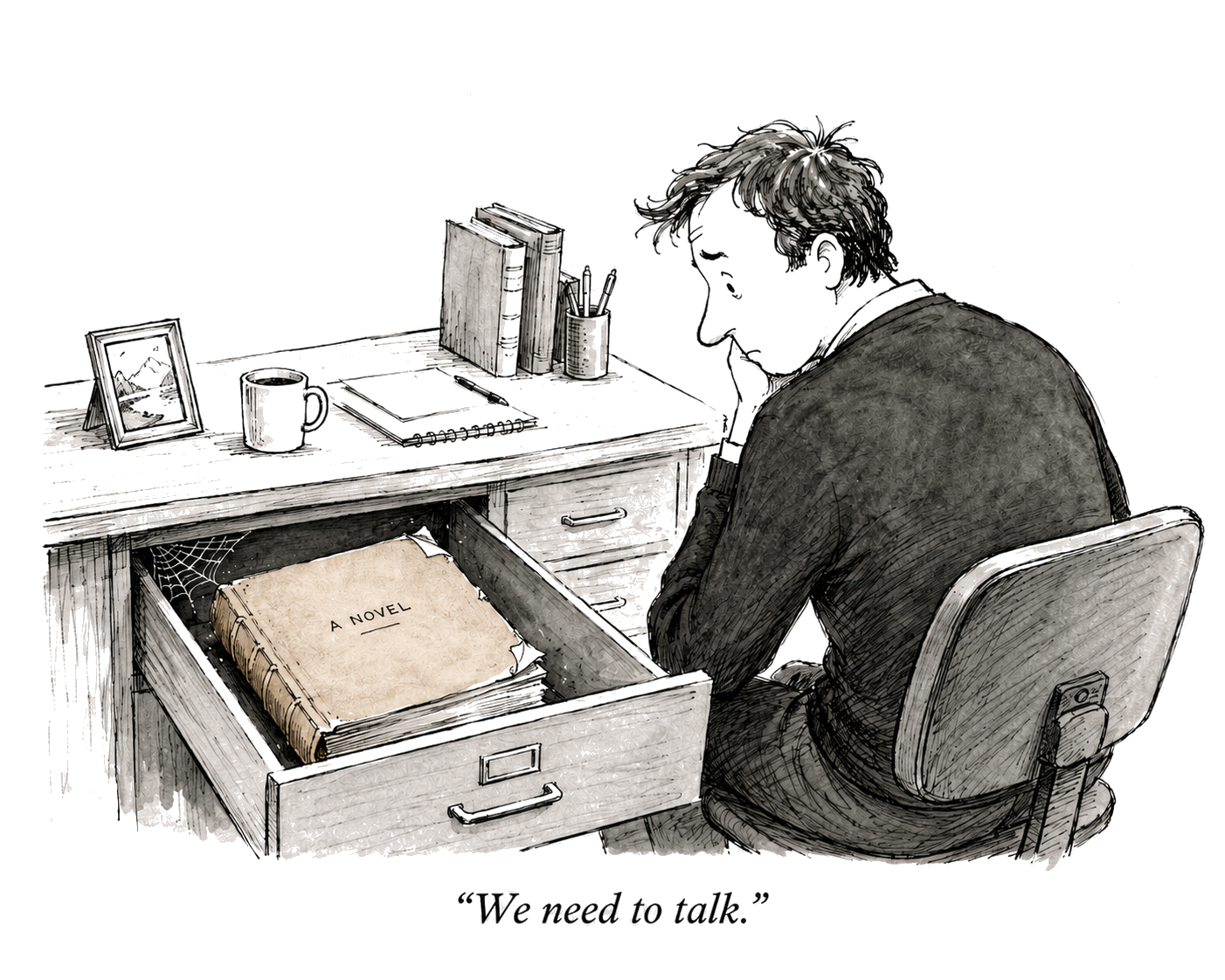 Cartoon illustration of a writer looking at a manuscript in a drawer that says 'We need to talk'