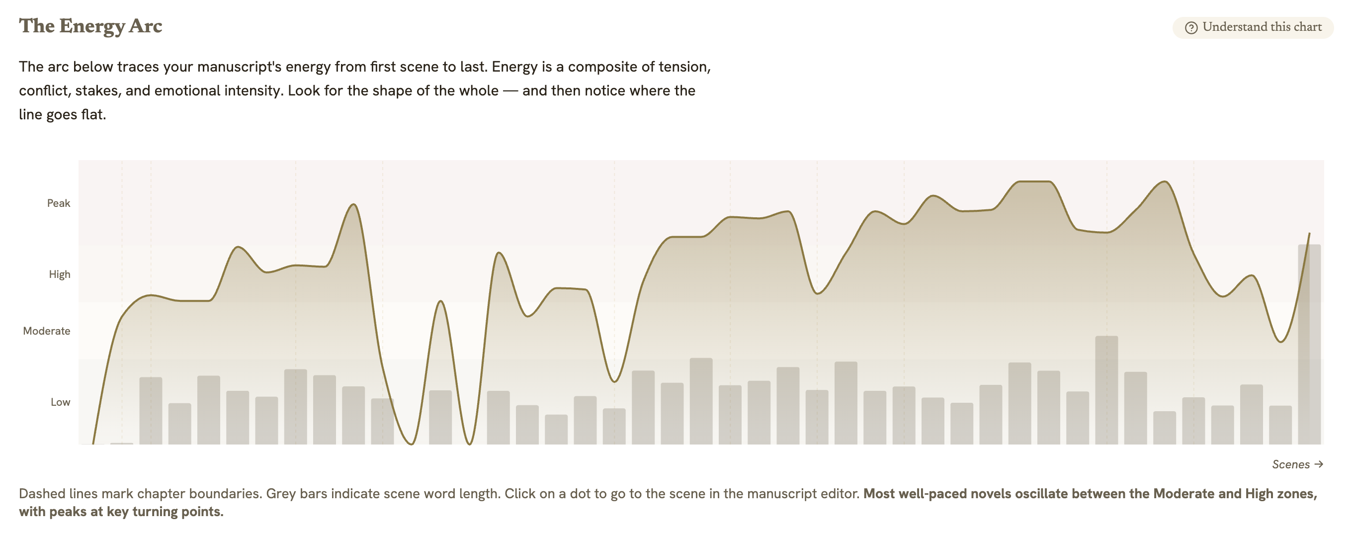 The Energy Arc diagnostic showing tension, conflict and emotional intensity across a manuscript