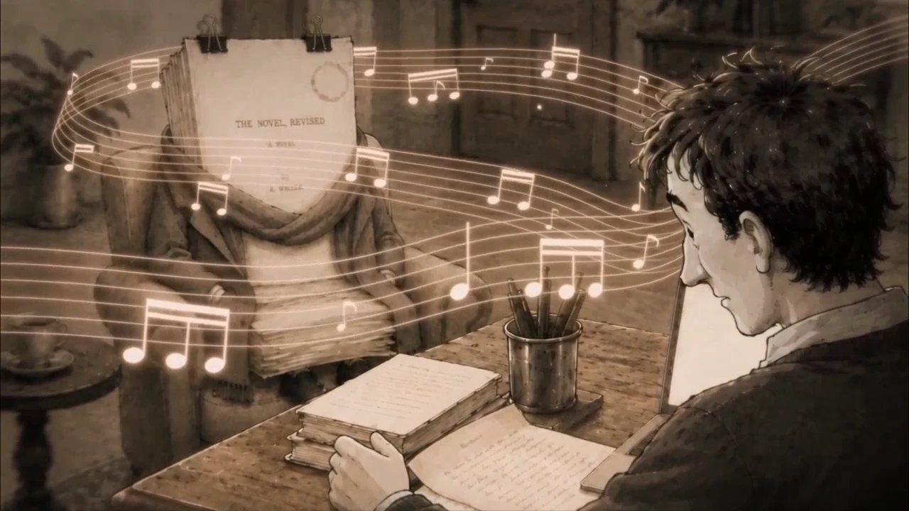 A warm sepia hand-drawn illustration in which the manuscript is a character — a thick bundle of pages held by a bulldog clip, wearing a scarf and sitting in an armchair, its title page reading "The Novel, Revised" — while glowing lines of musical staves and notes stream across the room towards a young writer bent over a handwritten manuscript at his desk.