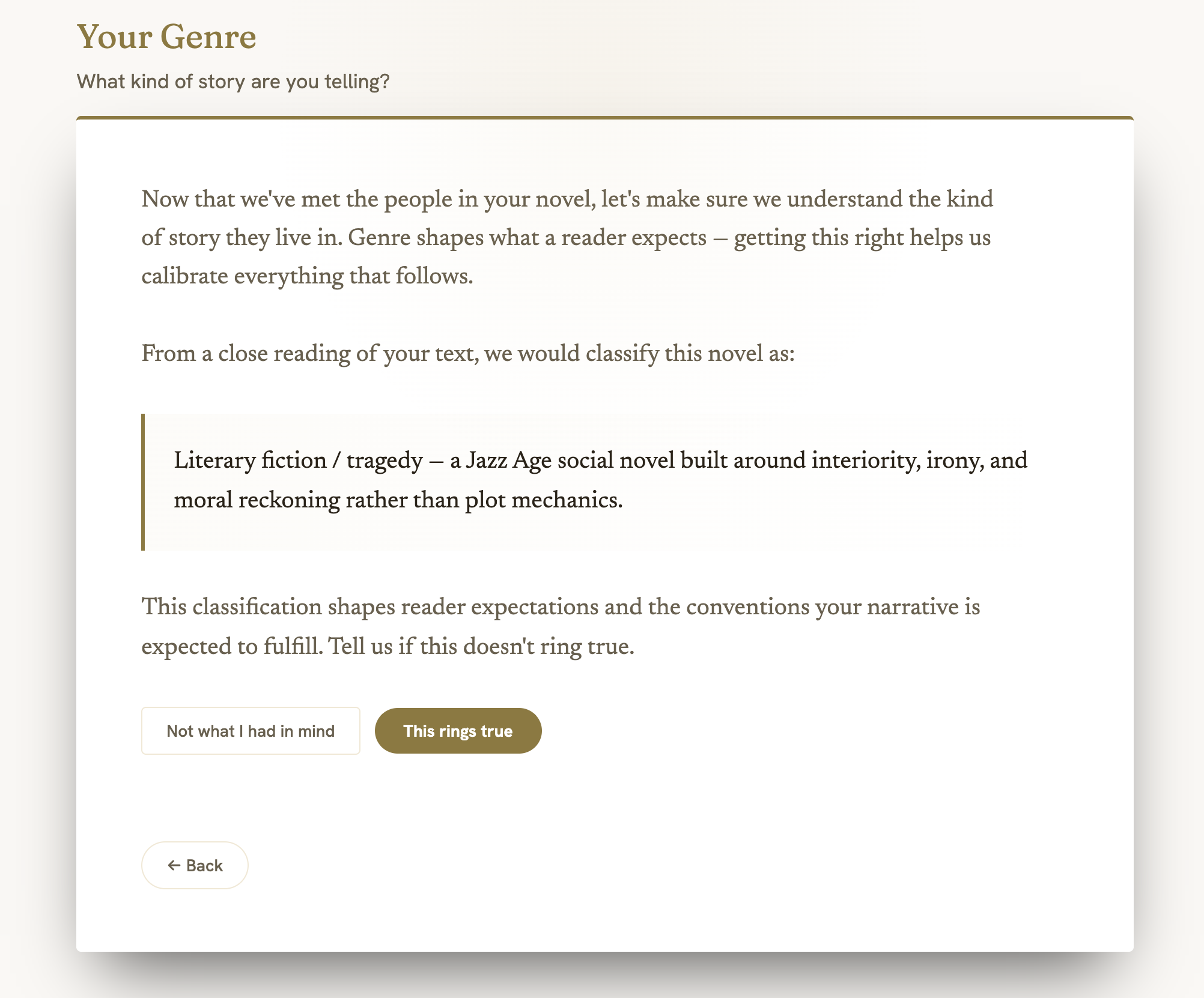 The Looking Glass showing genre classification for The Great Gatsby