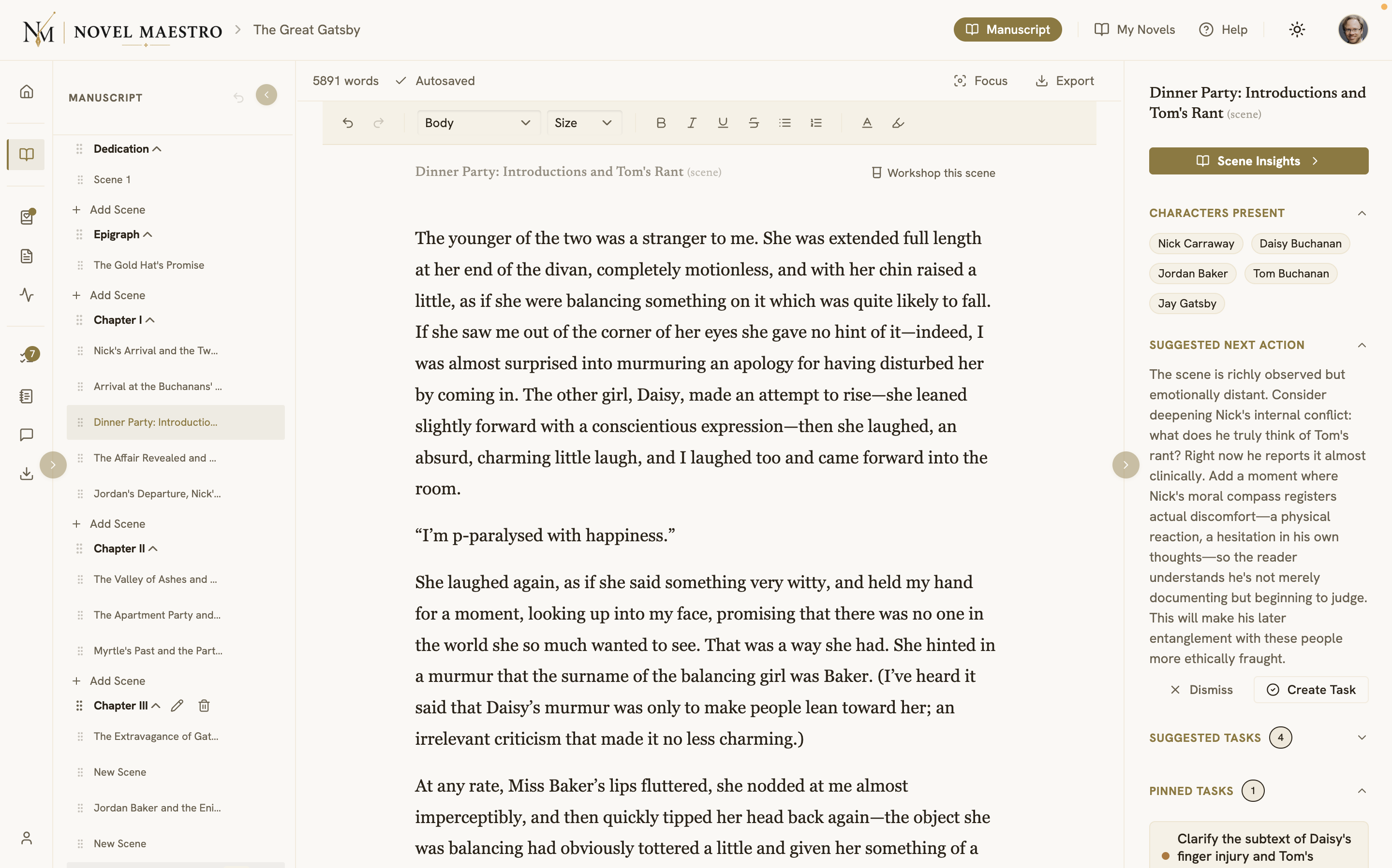 Novel Maestro manuscript workspace showing The Great Gatsby with scene intelligence and revision suggestions